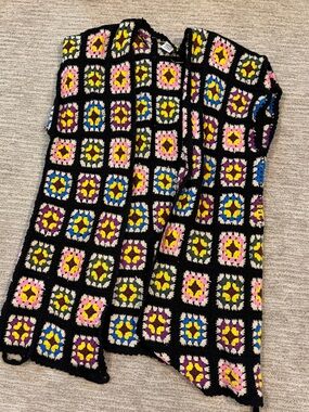 Black Crochet Shawl with Multicolor Accents